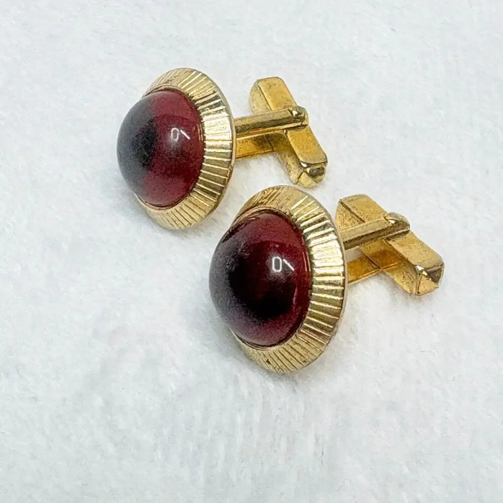 Vintage Anson Red Glass Cabochon Cufflinks, Gold‑Tone, Mid‑Century PAT PEND